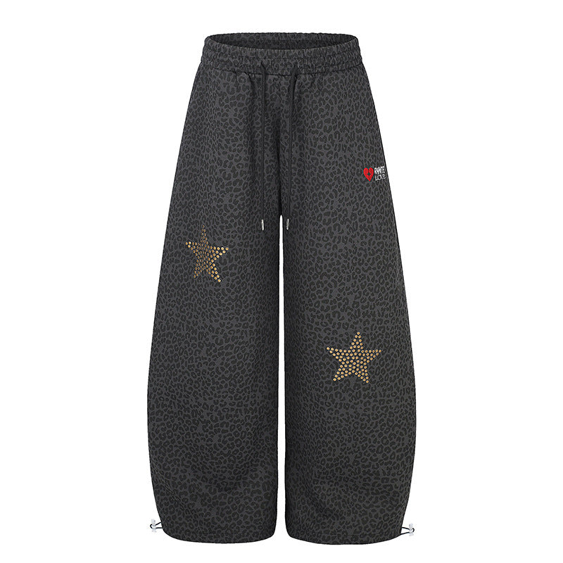 Women's Extra Wide Palazzo Training Pants with Elastic Waistband, Drawstring, and Decorative Star Studs Mune Fashion