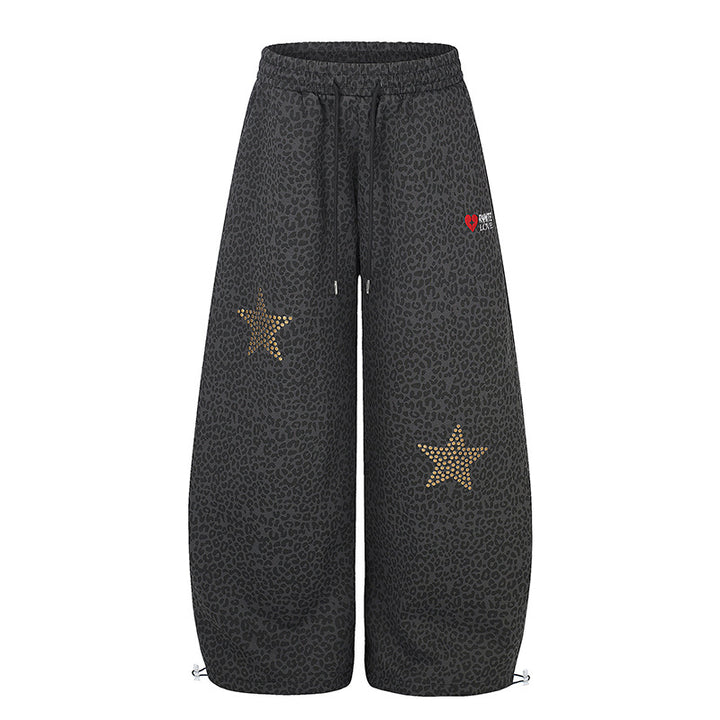 Women's Extra Wide Palazzo Training Pants with Elastic Waistband, Drawstring, and Decorative Star Studs Mune Fashion