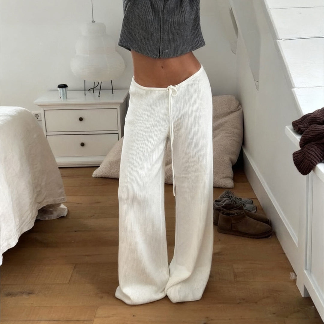 Women's casual lounge pants with wide leg, elastic drawstring waistband and fine ribbed knit Mune Fashion