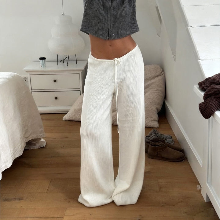 Women's casual lounge pants with wide leg, elastic drawstring waistband and fine ribbed knit Mune Fashion