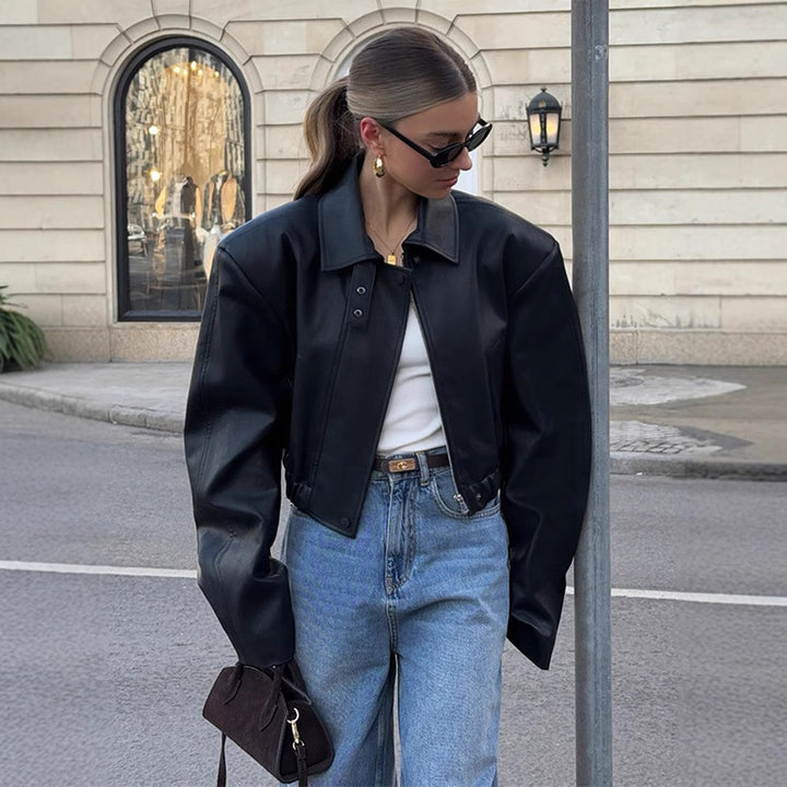 Women's Cropped Oversized Leather Jacket with Shirt Collar, Cropped Silhouette and Extra-Wide Sleeves Mune Fashion