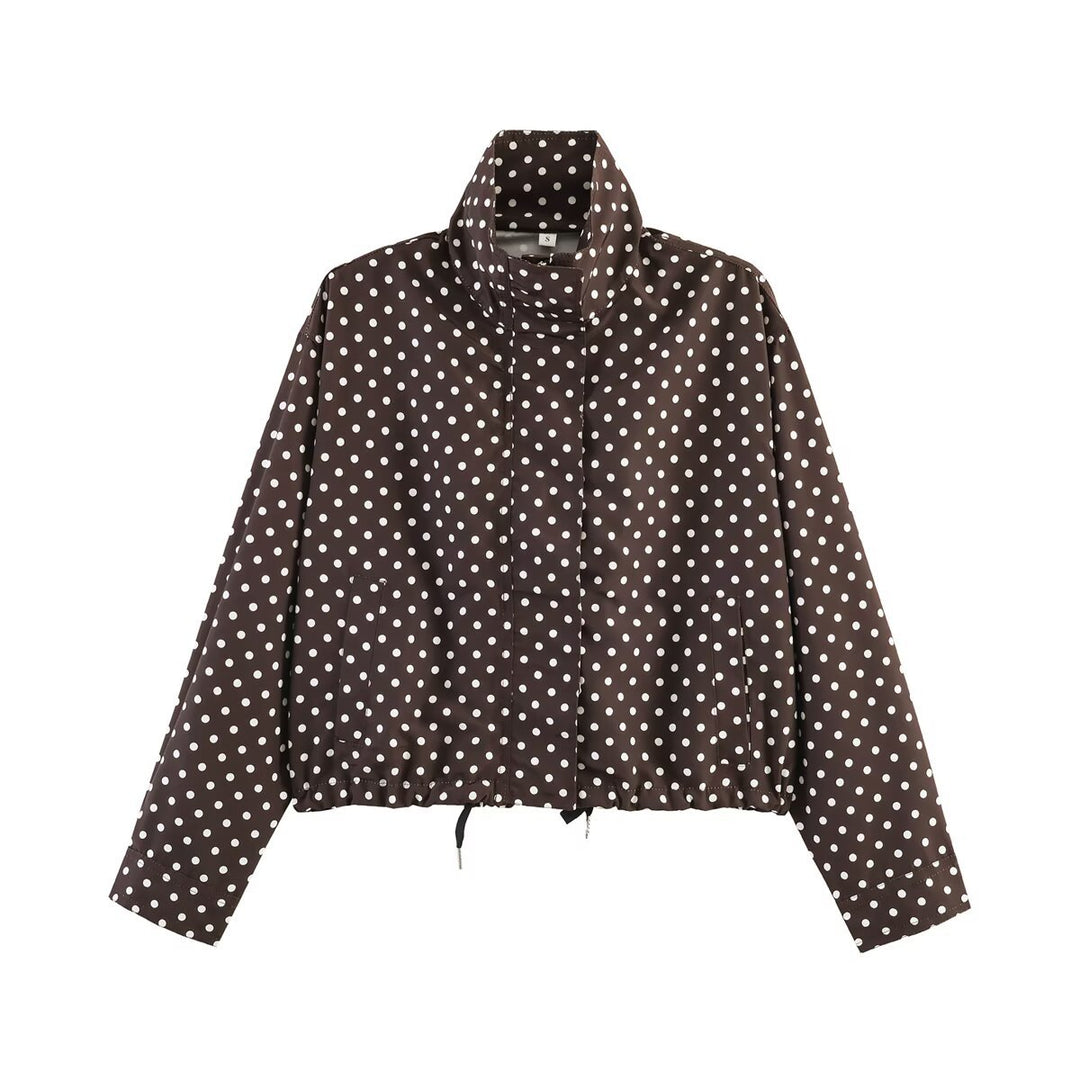 Women's Dotted Short Jacket with Stand-up Collar, Concealed Front Placket and Drawstring Mune Fashion