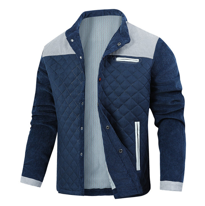 Men's quilted jacket in cord mix with contrast shoulder section and concealed snap button placket Mune Fashion