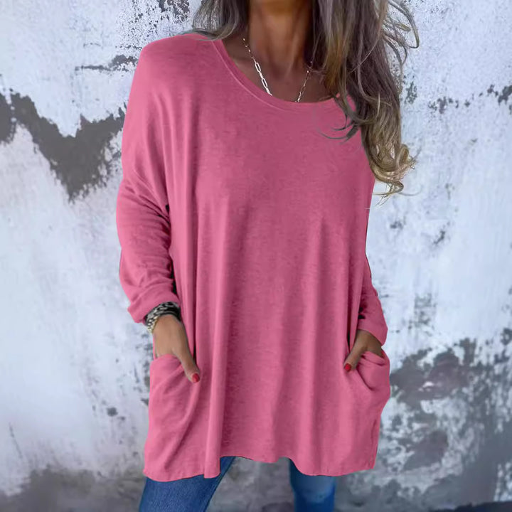 Ladies Soft Oversize Long Shirt with Round Neck, Casual Sleeves and Side Pockets Mune Fashion