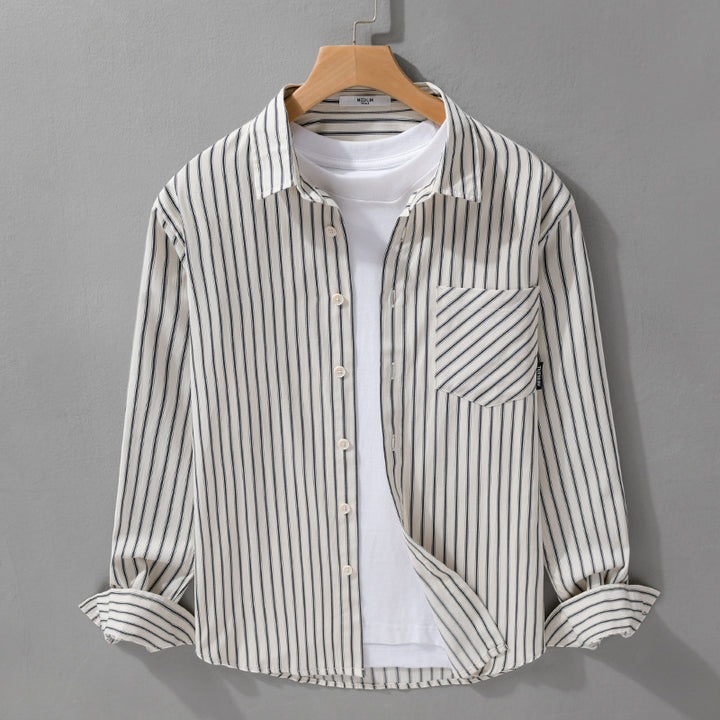 Men's pinstripe long sleeve shirt jacket in overshirt style made of lightweight cotton blend with diagonal breast pocket Mune Fashion