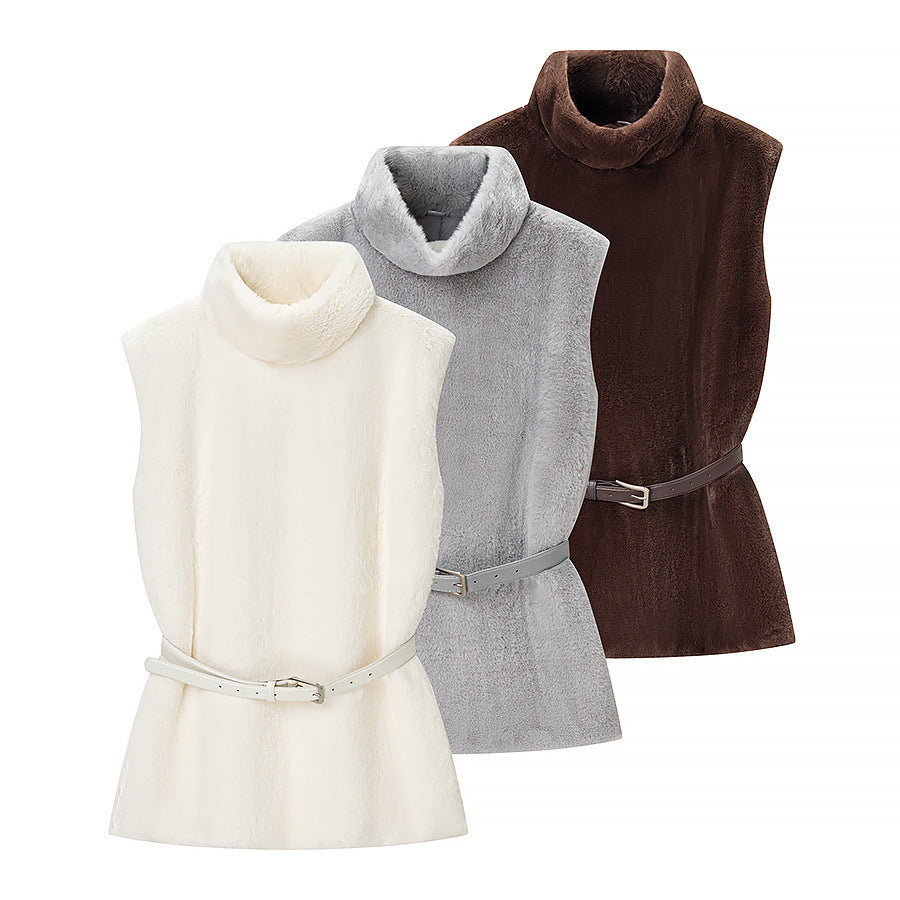 Women's Sleeveless Faux Fur Vest with Stand-Up Collar and Waistbelt Mune Fashion