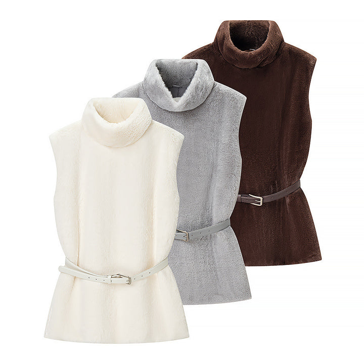 Women's Sleeveless Faux Fur Vest with Stand-Up Collar and Waistbelt Mune Fashion