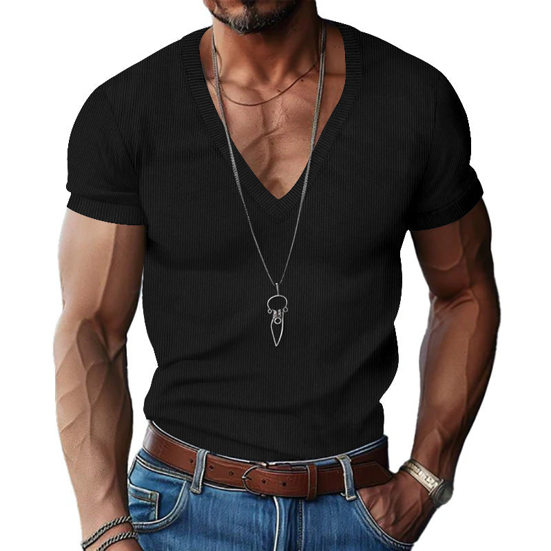 Men's structured V-neck ribbed jersey shirt with short sleeves and a slim fit Mune Fashion