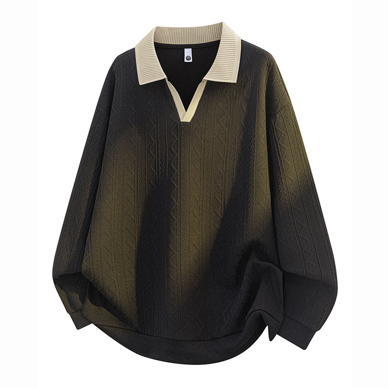 Men's Oversize Knit Polo with Textured Knit, Open V-Neck and Ribbed Collar Mune Fashion