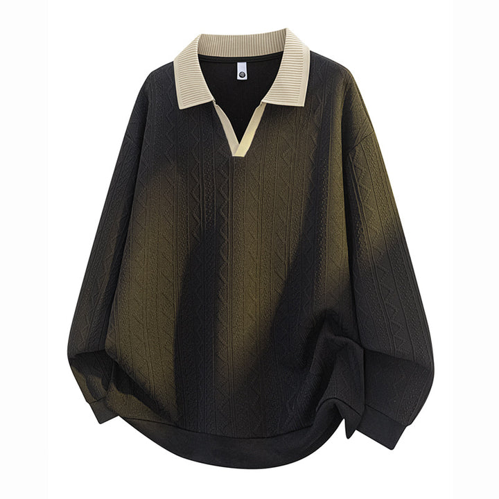 Men's Oversize Knit Polo with Textured Knit, Open V-Neck and Ribbed Collar Mune Fashion