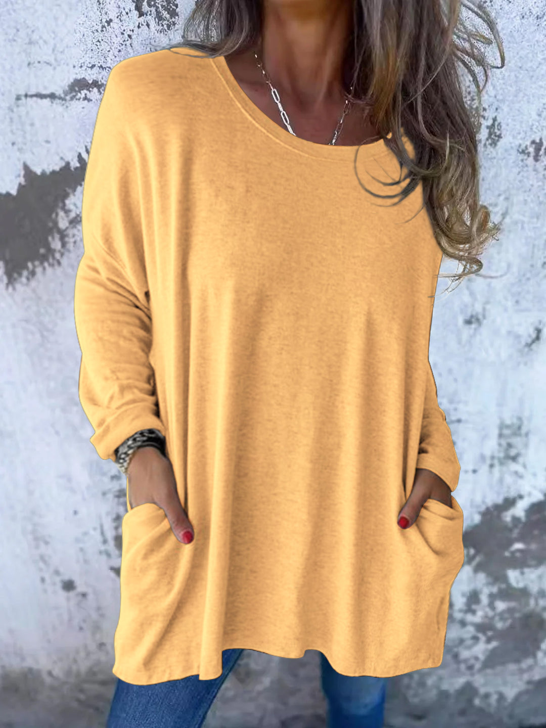 Ladies Soft Oversize Long Shirt with Round Neck, Casual Sleeves and Side Pockets Mune Fashion