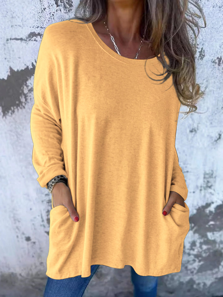 Ladies Soft Oversize Long Shirt with Round Neck, Casual Sleeves and Side Pockets Mune Fashion
