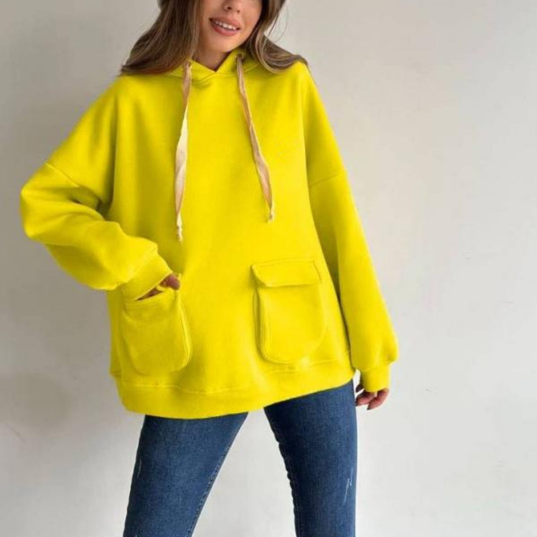 Women's Oversize Hooded Sweater with Patch Pockets and Extra-Long Cords Mune Fashion
