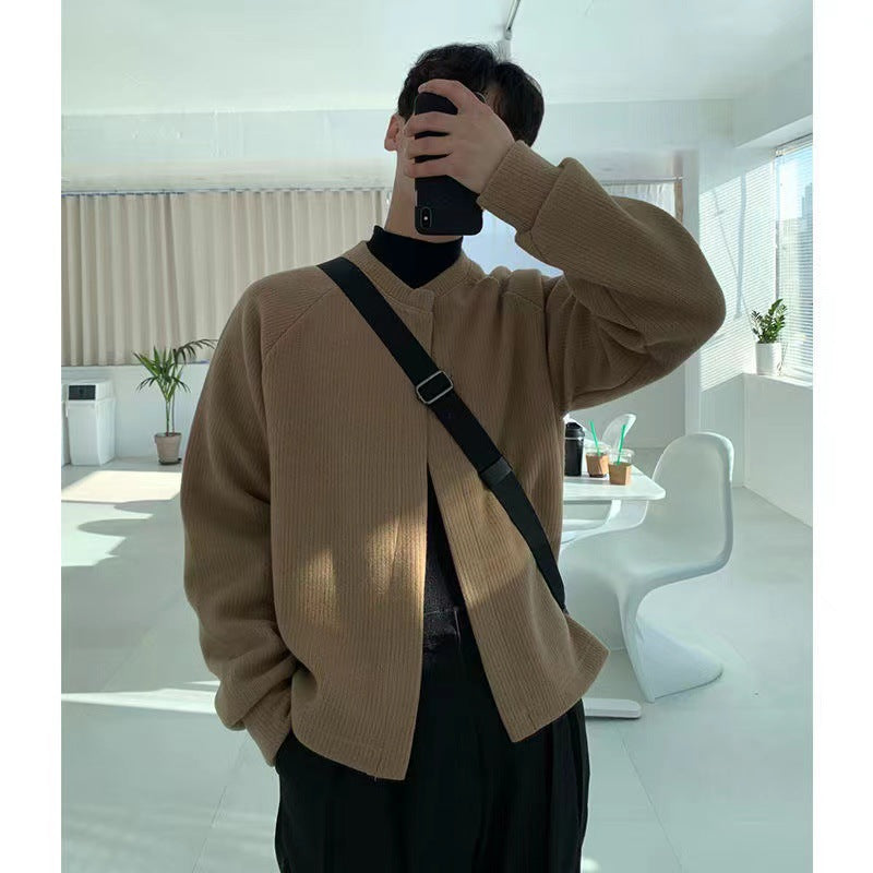 Men's Collarless Boxy Ribbed Knit Cardigan with Concealed Snap Placket Mune Fashion