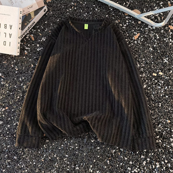 Women's fine knit sweater with a fine waffle texture, V-notch neckline and casual oversized fit Mune Fashion