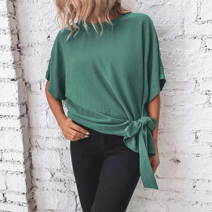Women Oversize Short Sleeve Top with Side Bow and Crinkle Structure Mune Fashion