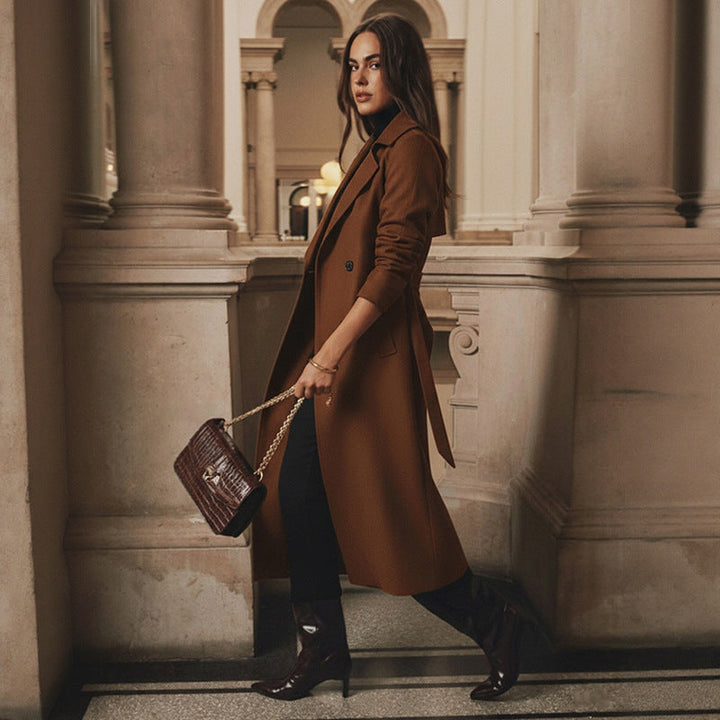Women’s Long Tailored Wool Coat with Double-Breasted Button Placket and Tied Belt Mune Fashion