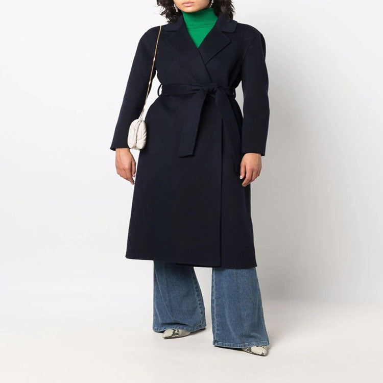Women's midi wrap coat made of wool-cashmere blend with shawl collar and tie belt Mune Fashion