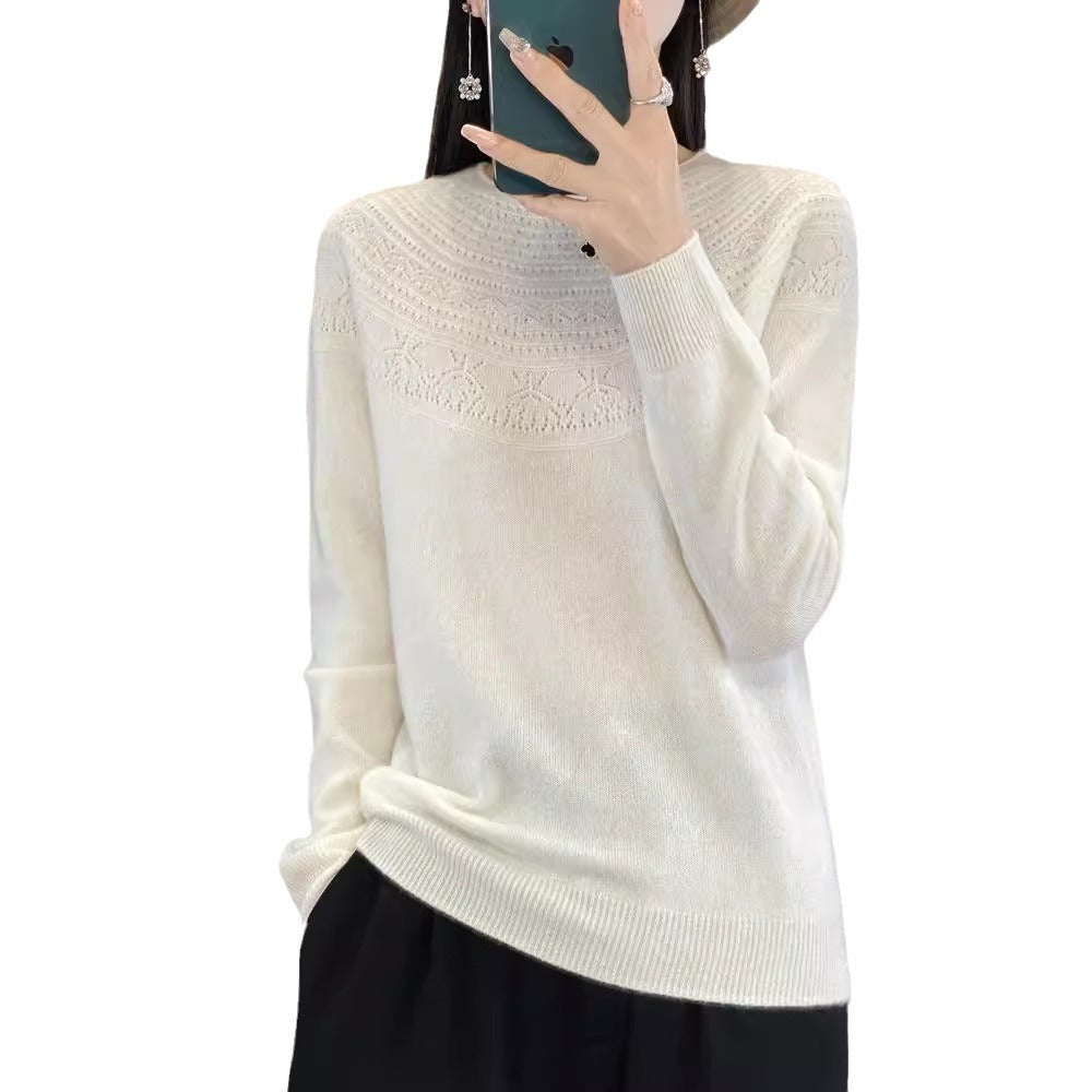 Ladies Soft Ajour-Yoke Round Neck Sweater in Cashmere-Look Fine Knit Mune Fashion
