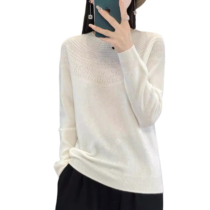 Ladies Soft Ajour-Yoke Round Neck Sweater in Cashmere-Look Fine Knit Mune Fashion