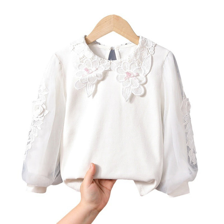 Girl's blouse with floral embroidery and transparent sleeves Mune Fashion