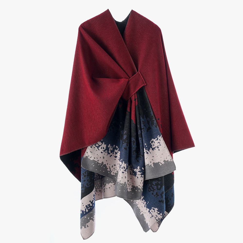Women's cape poncho with integrated tie loop and two-layer jacquard fall Mune Fashion