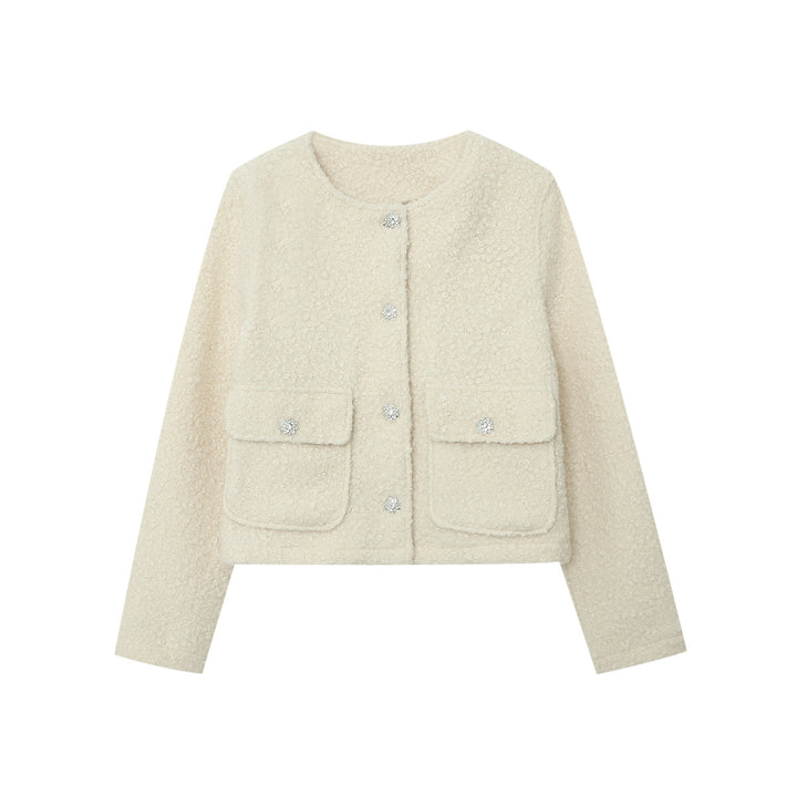 Women's Cropped Boucle Jacket with Round Neckline, Flap Pockets and Shimmering Decorative Buttons Mune Fashion