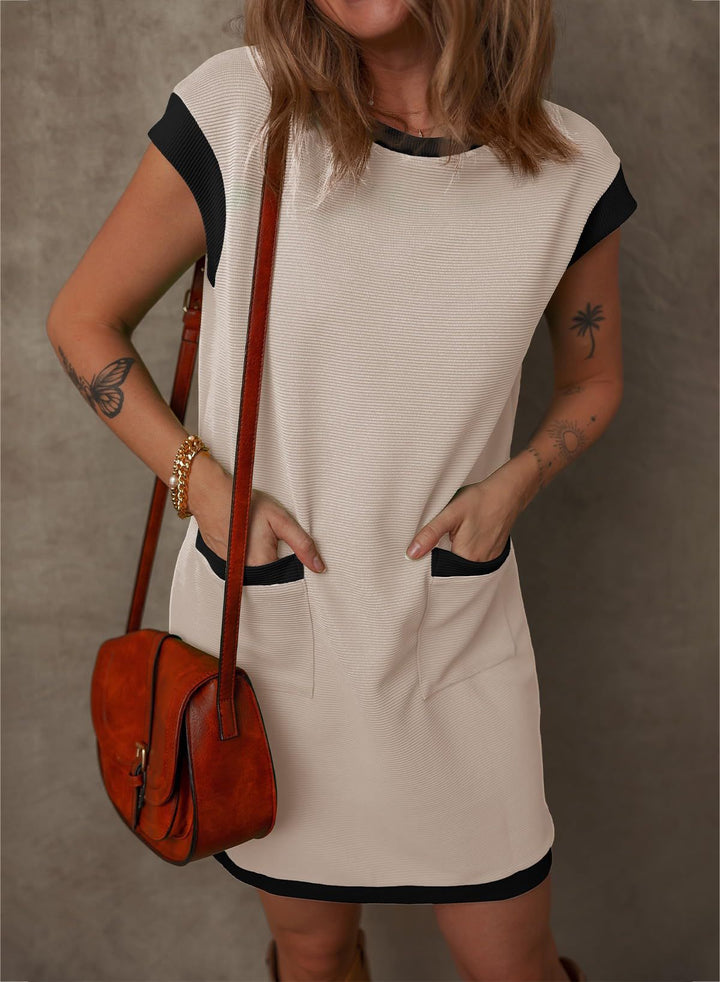 Women's Sleeveless A-Line Shift Dress with Contrast Edges, Patch Pockets and Structured Ribbed Look Mune Fashion