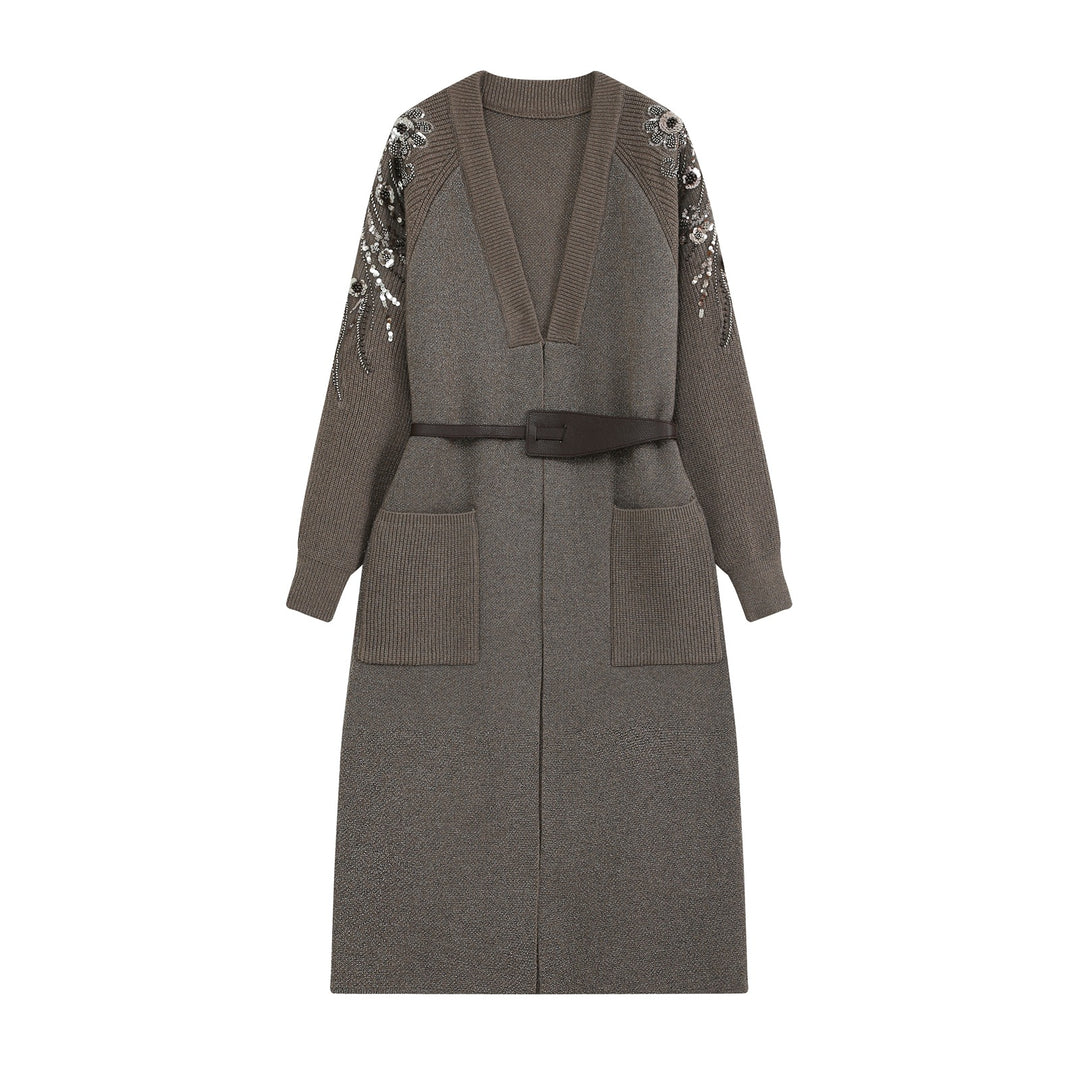 Ladies Long Cardigan with Belt, Deep V-Neck and Embroidered Sequin Sleeves Mune Fashion