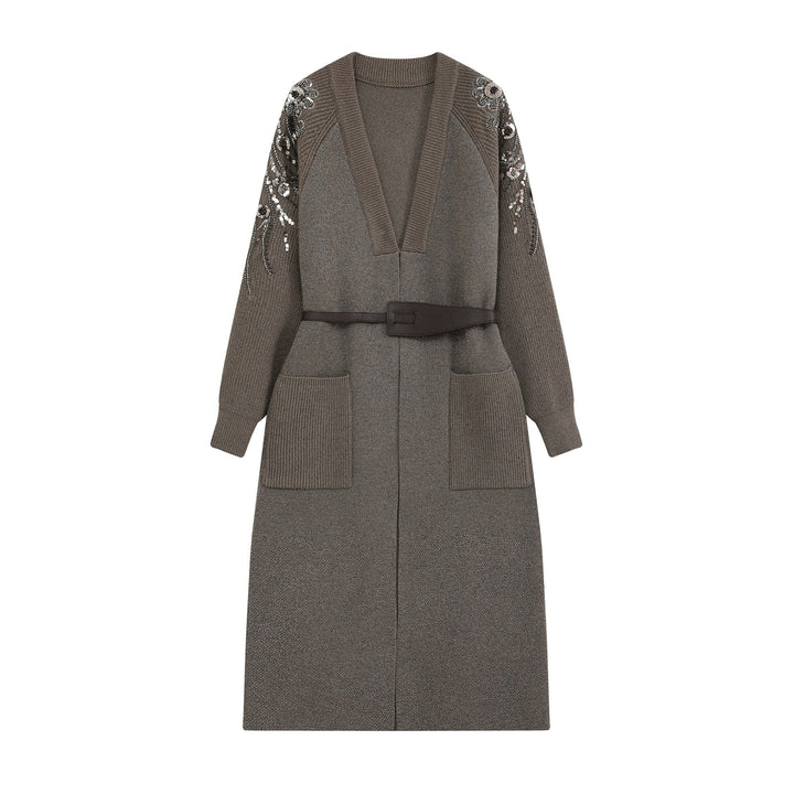 Ladies Long Cardigan with Belt, Deep V-Neck and Embroidered Sequin Sleeves Mune Fashion