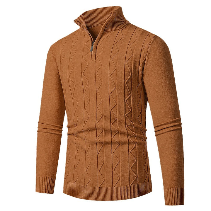 Men's fine knit half-zip sweater with cable pattern and stand-up collar Mune Fashion