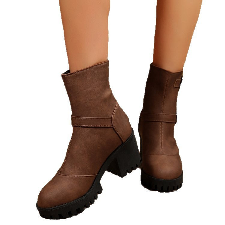 Women's chunky biker ankle boots with a profiled sole, decorative double buckles, and a side zipper Mune Fashion