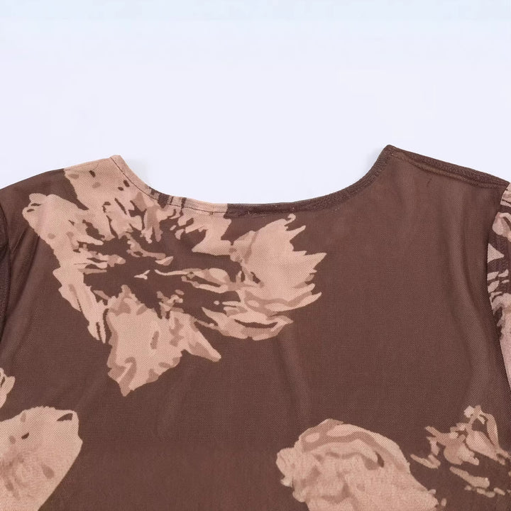 Women’s maxi dress with semi-transparent mesh overlay, long sleeves, and flared A-line Mune Fashion