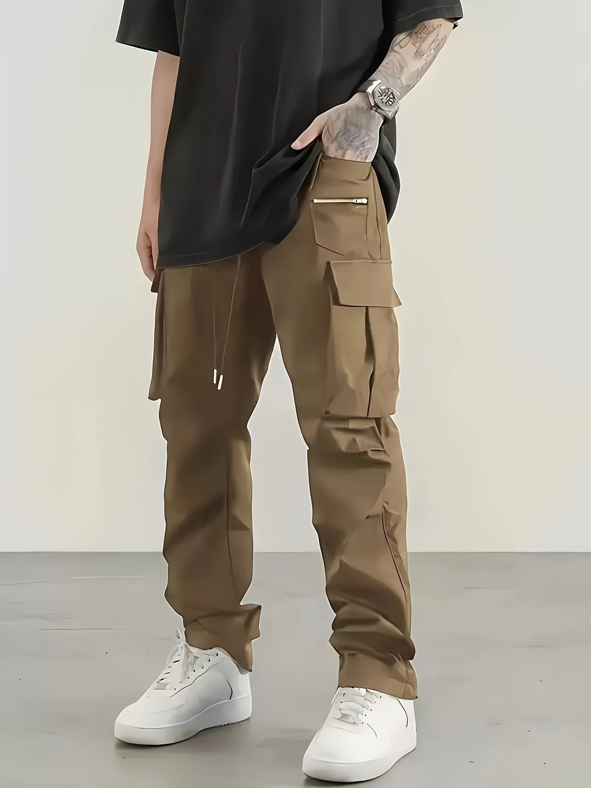 Men's utilitarian cargo pants with zip pocket, flaps & drawstring waist Mune Fashion