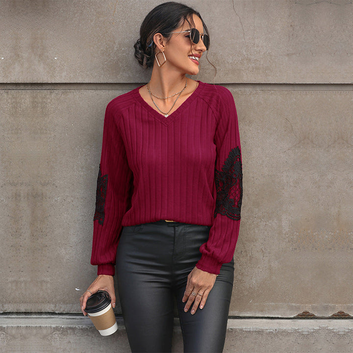 Women's Ribbed Long Sleeve with V-Neck, Lace Inserts at the Elbows and Balloon Sleeves Mune Fashion