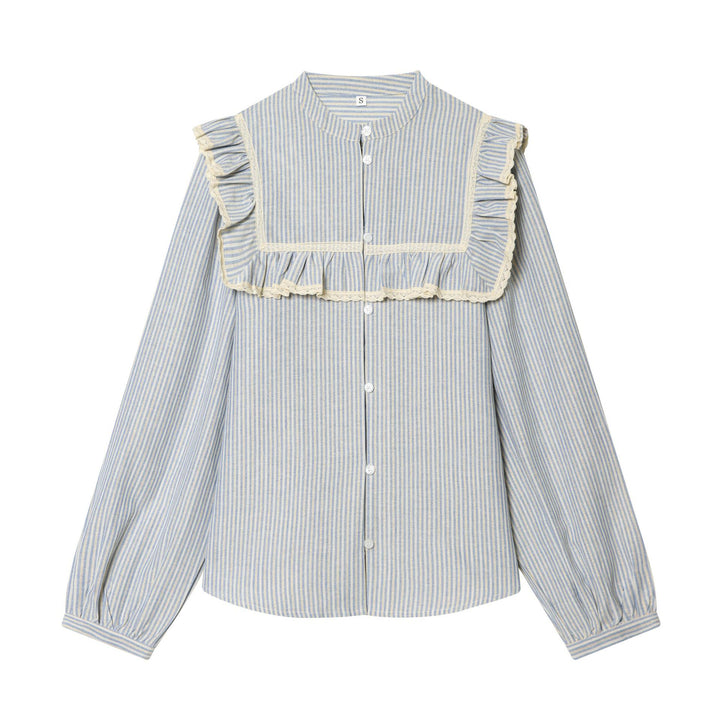 Women Striped Cotton Blouse with Square Bust Yoke, Ruffle and Lace Trim Mune Fashion