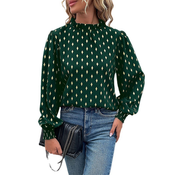 Women Elegant Blouse with Ruffles and Diamond Pattern Mune Fashion