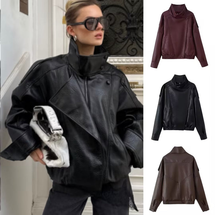 Women's Oversized Faux Leather Jacket with Shirt Collar and Elastic Hem Mune Fashion