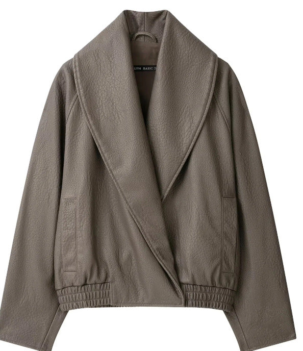 Women's Short Cut Faux Leather Bomber Jacket with Wide Shawl Collar Mune Fashion