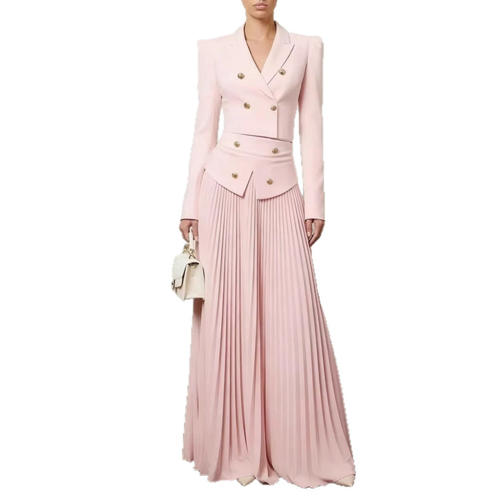 Women Two-Piece Fitted Suit with Double-Breasted Blazer and Pleated Maxi Skirt Mune Fashion