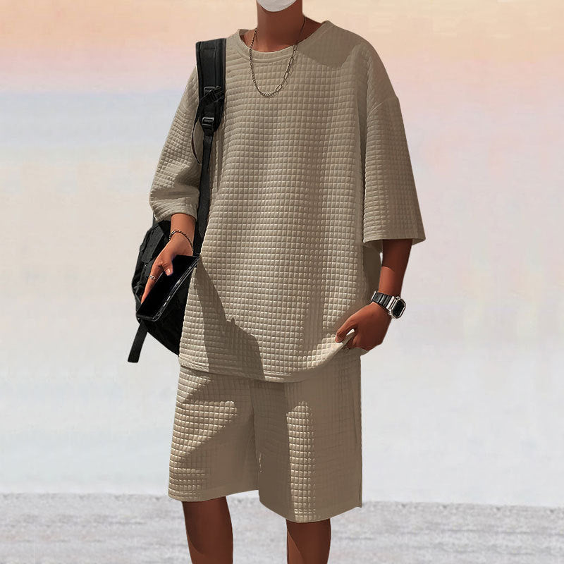 Men's square structure leisure set with oversized round neck shirt and knee-length relax shorts Mune Fashion