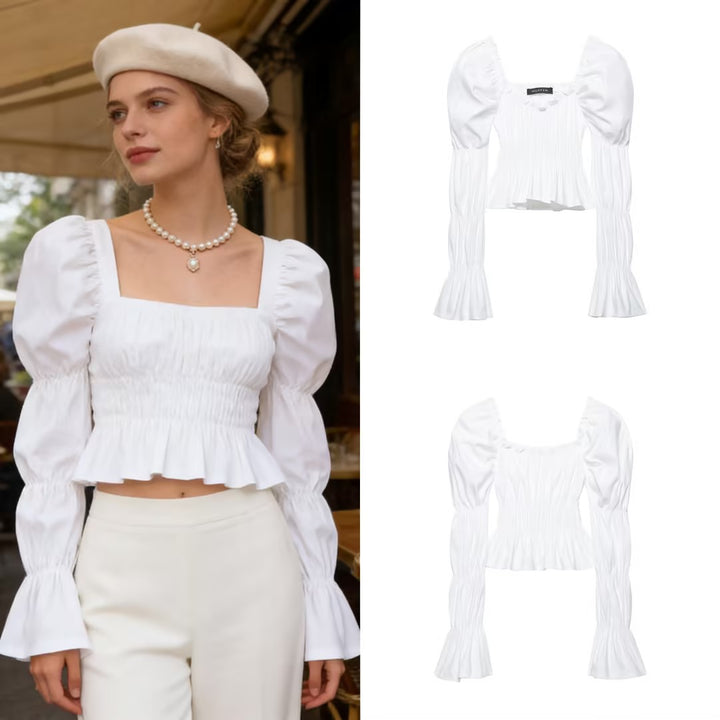 Women's Ruched Carmen Crop Top with Puff Sleeves, Smocked Waist and Tiered Sleeves Mune Fashion