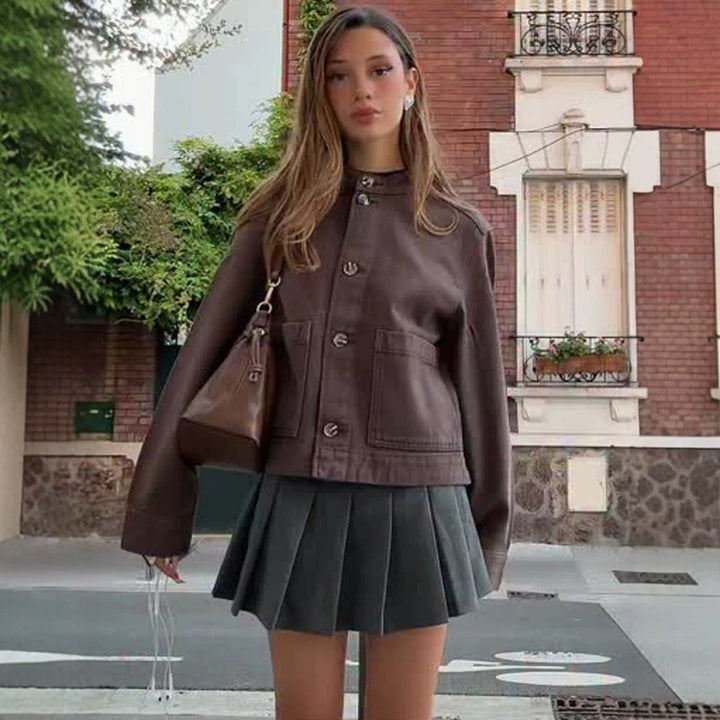 Women's Boxy Denim Jacket with Stand-up Collar, Patch Pockets and Roll-up Cuffs Mune Fashion