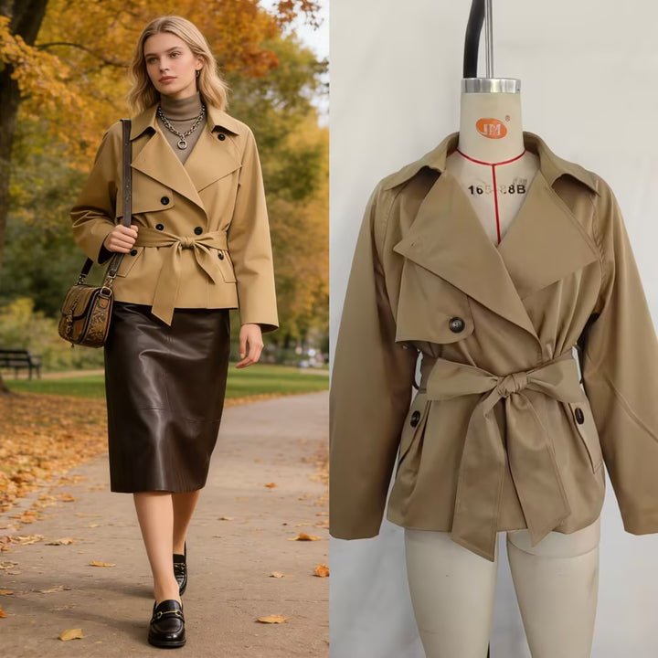 Women Cropped Waist Belt Trench Coat with Wide Lapels and Flap Pockets Mune Fashion