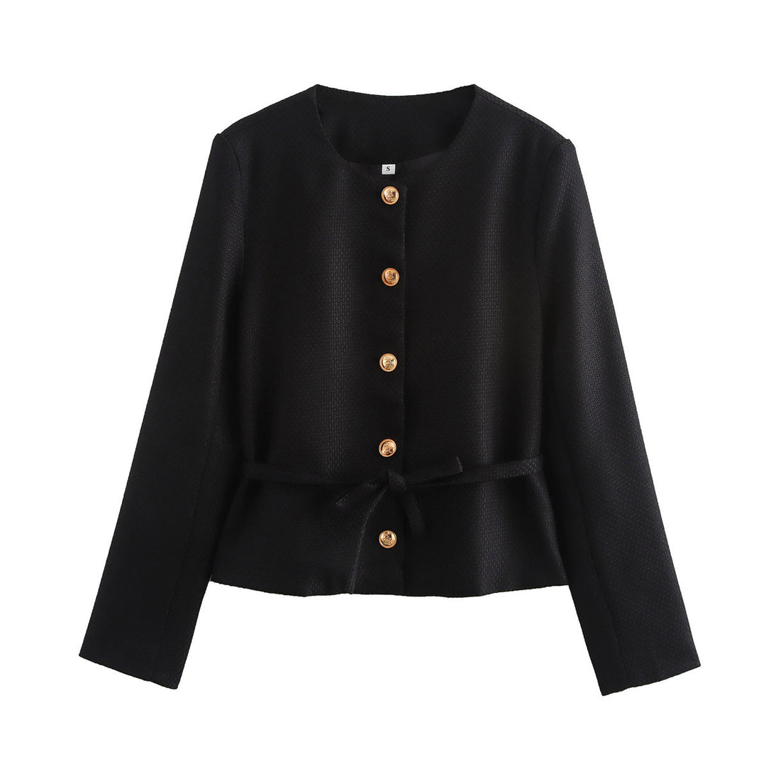Women's structured short jacket with round neckline, wooden button placket, and tailored tie belt Mune Fashion