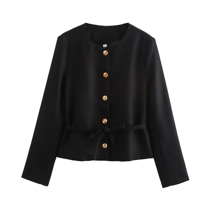 Women's structured short jacket with round neckline, wooden button placket, and tailored tie belt Mune Fashion