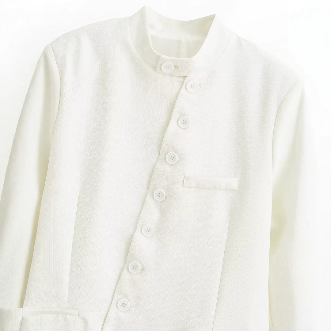 Ladies Tailored Blazer Jacket with Stand-Up Collar, Asymmetrical Button Placket and Insert Pockets Mune Fashion