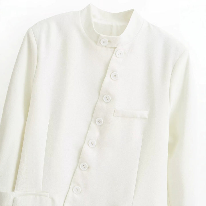Ladies Tailored Blazer Jacket with Stand-Up Collar, Asymmetrical Button Placket and Insert Pockets Mune Fashion
