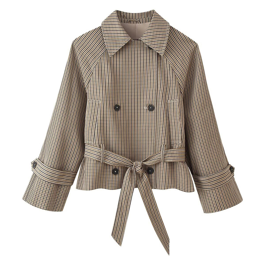 Women Cropped Double-Breasted Check Trench Coat with Waist Tie Belt and Flared Cuffs Mune Fashion