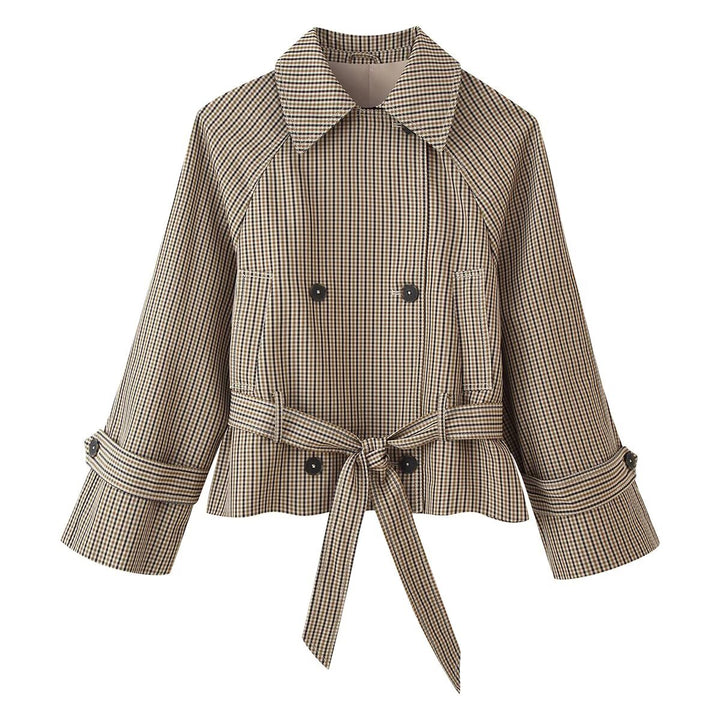 Women Cropped Double-Breasted Check Trench Coat with Waist Tie Belt and Flared Cuffs Mune Fashion